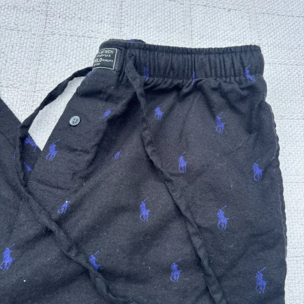 Men's Small POLO Ralph Lauren Black Blue All Over Pony Logo Flannel Lounge Pants